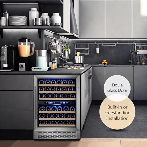 Karcassin 24 Inch Wine Cooler Refrigerator, 46 Bottle Built-in Freestanding Stainless Steel Double Layer Glass Door, Dual Temp Zones Wine Fridge for Red & White Wine with Advanced Cooling System