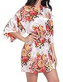 DF-deals Women's Satin Floral Robes for Bride and Bridesmaid Wedding Party Kimono Silk Robes Nursing Gown Short,White,Medium/US 4-6