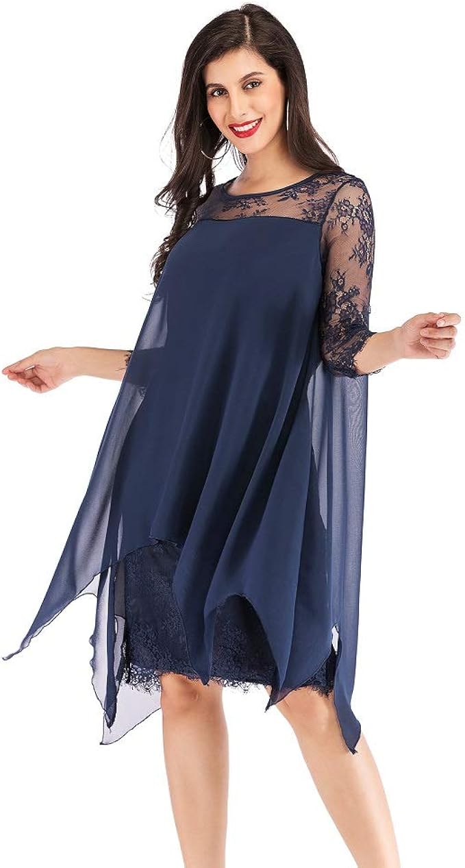 Samgu Vestito Longuette Da Cocktail Aderente Da Cocktail In Chiffon Con Rivestimento In Pizzo 3 4 A Maniche Corte Per Donna Amazon It Abbigliamento