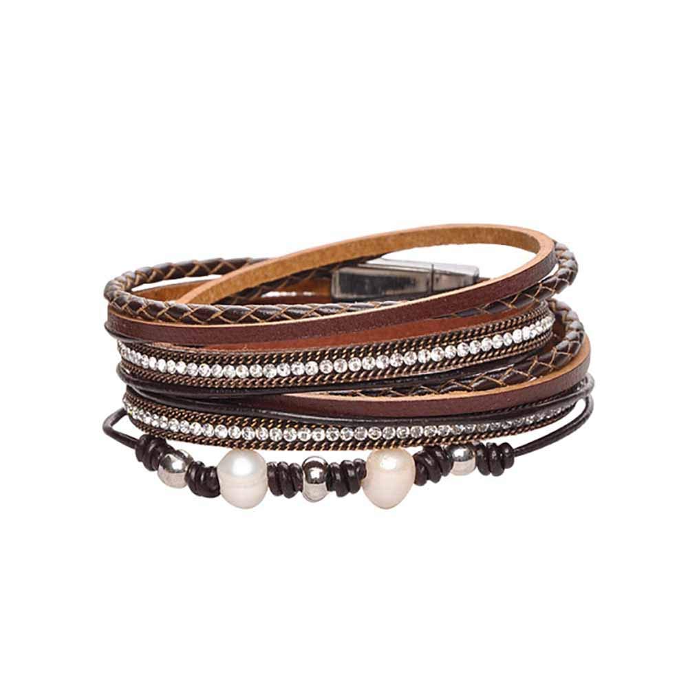 LOVANS Leather Wrap Bracelet Multi Rope Handmade Alloy Bangle Magnetic wrap Clasp Bracelet Pearls for Women Gifts Unisex