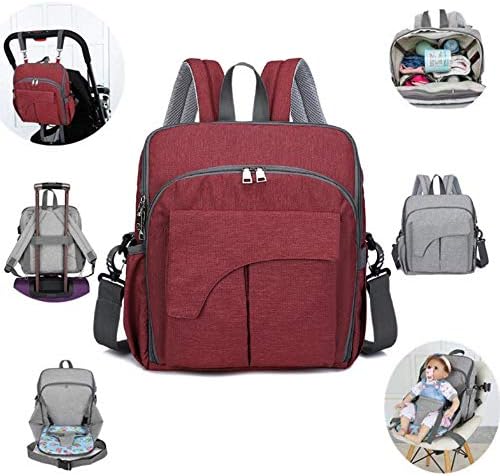Disnation 2019 Multifunctional Waterproof 2 in 1 Mommy Baby Diaper Bags with USB Interface|Baby Dining Seat Chair Folding Nappy Bag|Travel Backpack Nursing Handbag (Wine Red)