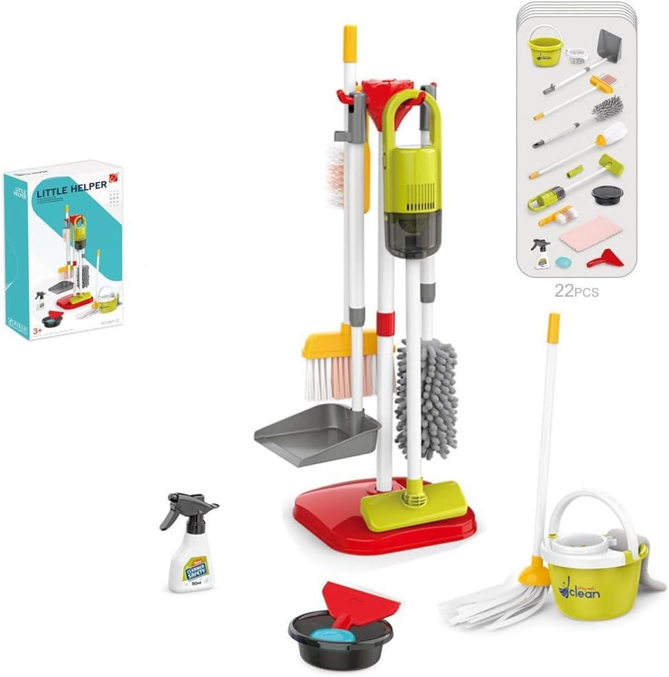 Kids Cleaning Toy Set, 14Pcs Pretend Play Home Cleaning Playset - Incl. 2-in-1 Electric Toy Vacuum, Broom and Dustpan Set, Mop,Duster and More, Sweep Play Toys for Boys Girls (Red)