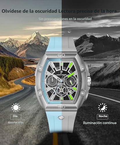 PC PARAS CROWN Men's Chronograph Sport Casual Watch with Japanese Movement Water Resistant 5 ATM Stainless Steel Tonneau Case Silicone Strap Quartz