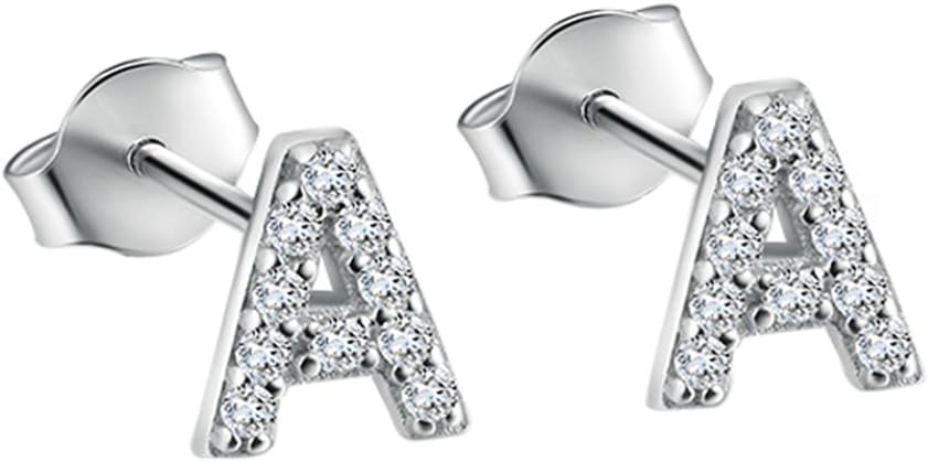 925 Sterling Silver Initial A Cubic Zirconia Studs Earrings,Tiny Letters