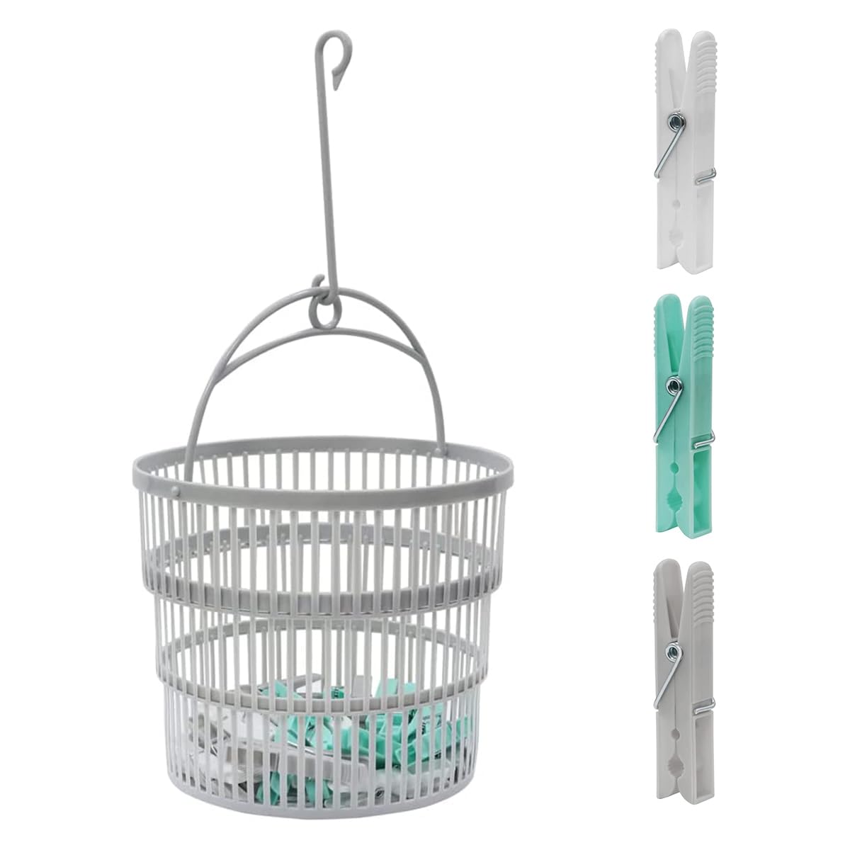 Peg Basket with 50 Pcs Clothes Pegs for Washing Line - Collapsible Plastic Bucket with Hanger and Hanging Hook - Strong, Durable Construction with Spacious Size