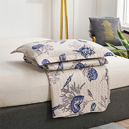 3-Piece Coastal Antique Quilt Set Twin Size,Tropical Seashells Sea Fan Starfish Coral in Offwhite Background, Nautical Quilted Bedspread Coverlet Bedding Set Bedroom Decor for All Seasons (Blue,Twin)