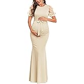 AISWI Maternity Mermaid Maxi Dress Elegant 3D Floral Mesh Sleeve Ribbed Knit Gown with Belt for Baby Shower Photoshoot