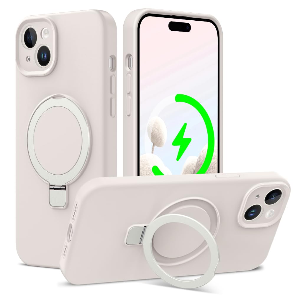 Photo 1 of ZHK Liquid Silicone Designed for iPhone 15 Plus Case with Magnet Stand, [Precise Camera Lens Protection][Mil-Grade Drop Shockproof][Soft Anti-Scratch Microfiber Lining] Slim Fit Cover, Beige