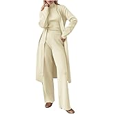 Women's 3 Piece KnitLounge Set, Long Sleeve Cardigan Sleeveless Turtleneck Tank Top and Wide Leg Pants Matching