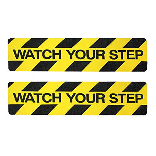 Watch Your Step Sign Tape Adhesive | 2 Pack Non-Slip Stair Warning Treads | 6" x 24" Self-Adhesive Black/Yellow Safety Marker Decal ● Anti-Slip for Workplace/Home Safety ● Indoor/Outdoor Grip Tape
