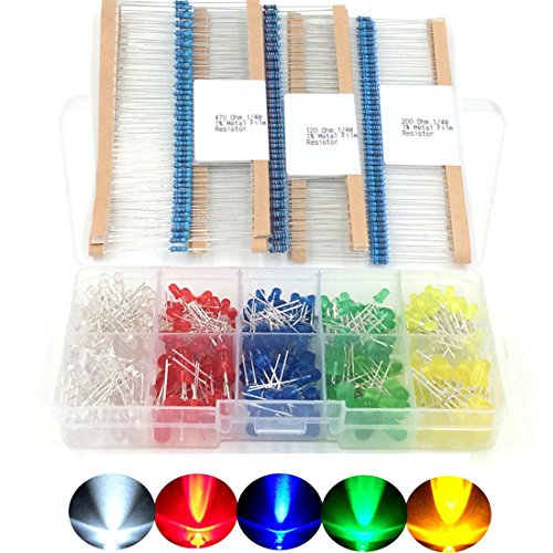 Pack of 600 3mm and 5mm Assorted Color LED Light Emitting Diodes 5 Colors with Popular 1/4W Metal Film Resistor Kit