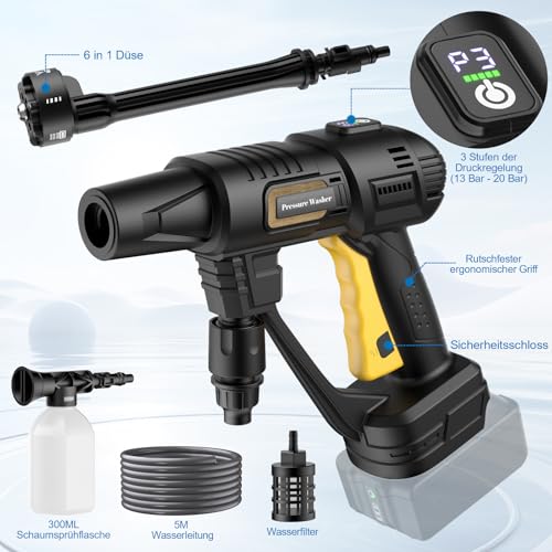 Battery Pressure Washer for Makita 18 V Battery, Mobile Cleaning and Irrigation Pressure Washer Gun, Pressure Washer with 6-in-1 Nozzle [21 V, 20 Bar, 4 L/min] for Car, Garden (Without Battery)