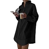 LYANER Women's Casual Shirt Dress Collar V Neck Button Down Loose Long Sleeve Mini Dresses