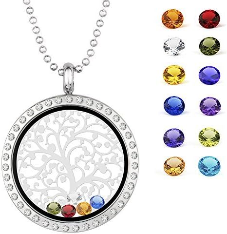 EBOETA Heart Glass Locket Pendant Necklace Memory Floating Charm with Crystal Quartz, 12 Birthstone