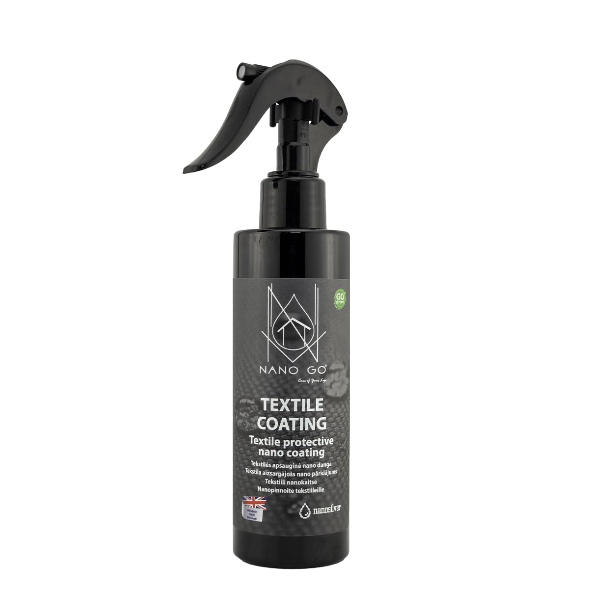NANO GO Textile Fabric Waterproofing Protector Spray compatible with each type of fabric natural, synthetic and semi-synthetic (Carpet, Shoes, Leather, Suede, Car Seats Etc) - 200ml