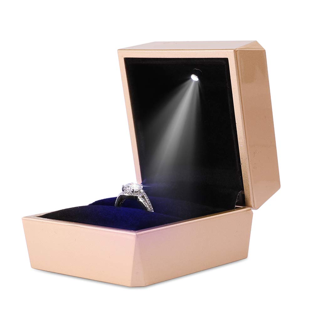 iSuperb Ring Box Proposal Engagement Square Ring Boxes with LED Light Case Jewelry Gift Box for Proposal Wedding Valentine's Day Anniversary Christmas (Golden)