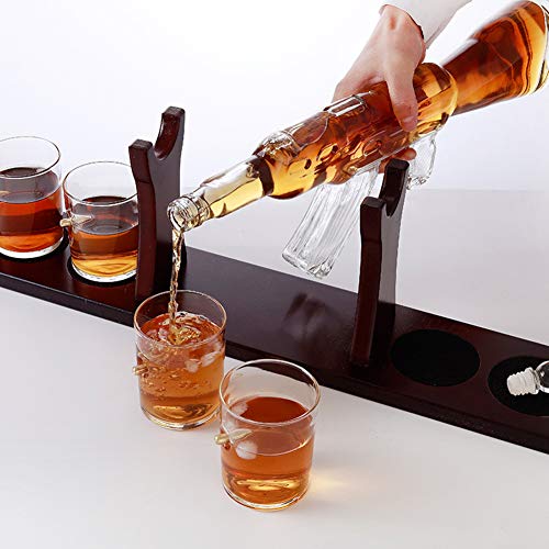 Whiskey Decanter Set, 800ML Elegant Rifle Whiskey Decanter with 4 Bullet Glasses And Pine Base, Lead Free High White Glass, for All Spirits Liquor - Perfect Gift