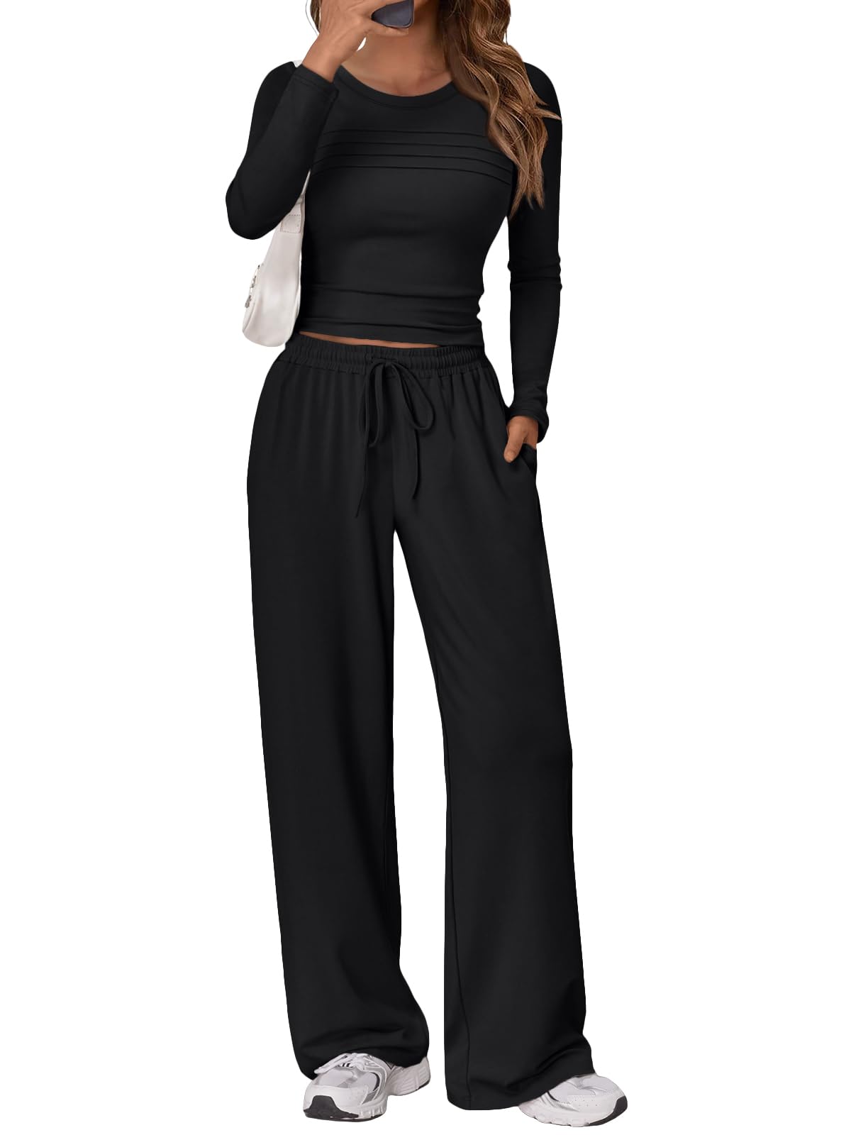 Photo 1 of *MINOR DAMAGE - USED*
Trendy Queen Womens 2 Piece Matching Lounge Sets Fall Fashion Outfits 2025 Long Sleeve Top Wide Leg Pants Casual Sweatsuits Black M