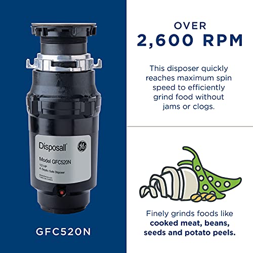 GE Continuous Feed Garbage Disposal, 1/2 Horsepower, Good for Grinding