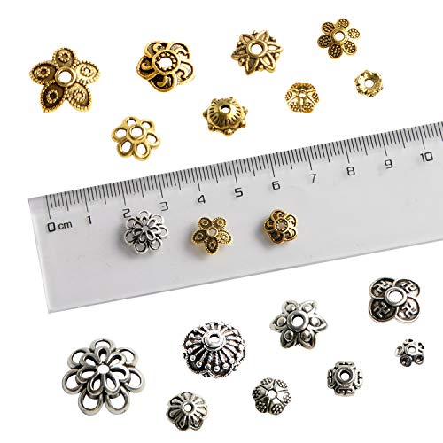 Jewelry Making Metal Bead Caps - 160 Pcs Bali Style Mixed Tibetan Silver Gold Bead Caps Spacers Flower Jewelry Findings Accessories for Bracelet Necklace Jewelry Making