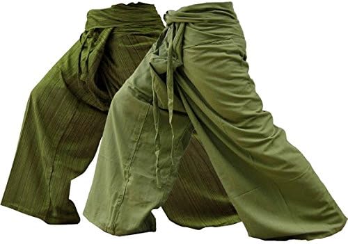 Very HIT Very Beautiful Yoga Pants Thai Fisherman Trousers Free Size Cotton Drill Stripes Olive and Solid Olive Color