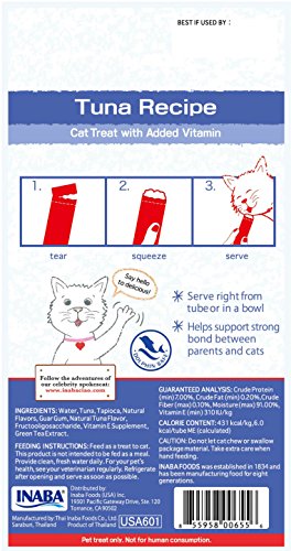 INABA Churu Lickable Purée Natural Cat Treats (Tuna Recipe, 4 Tubes)