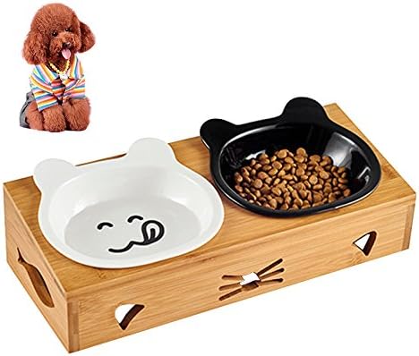Petacc Elevated Pet Bowl Double Dog Bowls Ceramic Cat Water Bowl Pet Food Feeder with Bamboo Stand (Black and White)