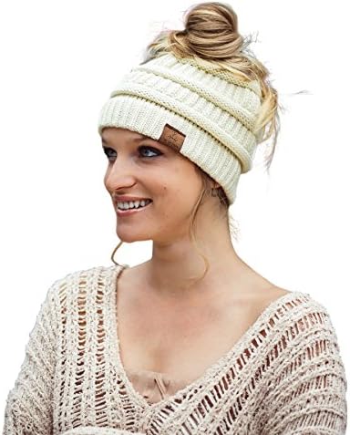 PartyFuFu Women's Bun Beanie Hat - Warm Stretchy Comfortable Winter Cap - Beige