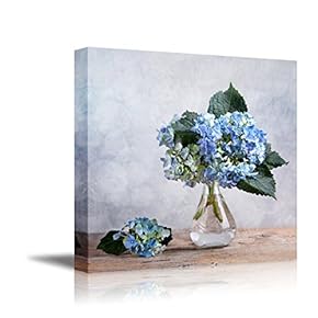 Canvas Wall Art - Still Life with Blue Hortensia Flowers in Glass Vase | Modern Home Art Canvas Prints Giclee Printing Wrapped & Ready to Hang - 12" x 12"