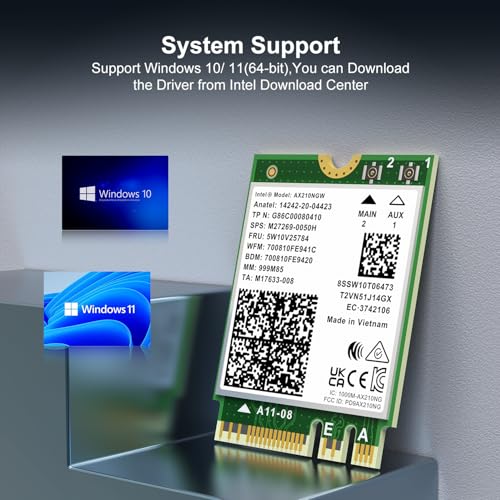 Placa sem fio WiFi 6E Intel AX210NGW, Bluetooth 5.3 Tri-Band 5400Mbps M.2/NGFF para PC Laptop AX210 placa de rede compatível com Windows 10/11 (64 bits)
