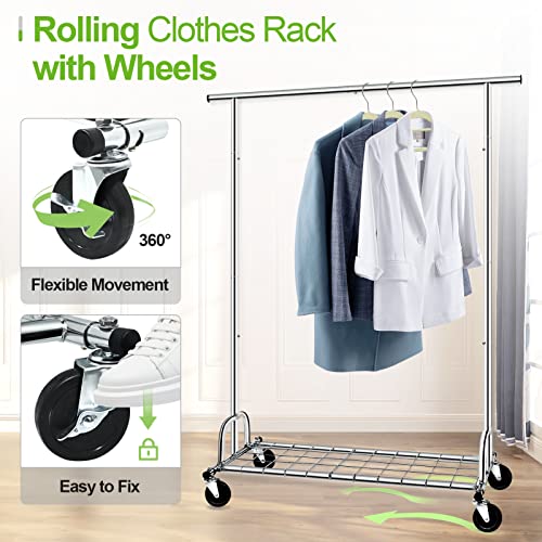 SPECILITE Heavy Duty Clothes Rail 2 in 1 with Wheels and Shelves, Adjustable Metal Coat Rack with Load Capacity of 216 kg