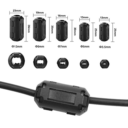 20 Pieces Clip-on Ferrite Ring Cores, RFI EMI Noise Suppressor Cable Clip for 3mm/ 5mm/ 7mm/ 9mm/ 13mm Diameter Led Light Radio Static, Black Noise Filter Clip