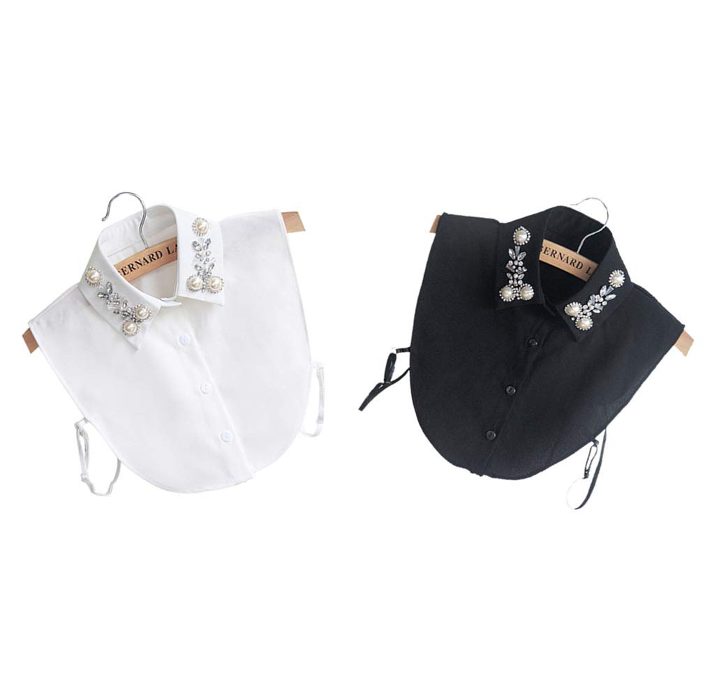 Gofypel Women Fake Collars Shirt Collars False Collars Detachable Blouse Collars Dicky Collars with Pearl, Rhinestones 2 Pack 39cm White Black, Medium