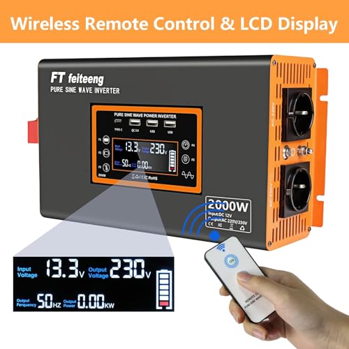 2000W/4000W inverter 12v 220v onda pura , pure sine wave inverter con 3 porte USB e 2 presa standard europea, adatto per attività all'aperto, viaggi, alimentazione di emergenza