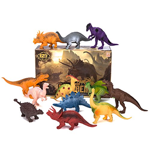 Dinosaur Figure Toys, 7 Inch Jumbo Plastic Dinosaur Playset, STEM Educational Realistic Dinosaur Figures for Boys Toddlers Including T-Rex, Stegosaurus, Triceratops, Monoclonius, 12 Pack