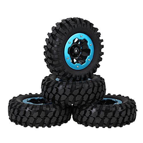 Mxfans RC 1:10 Rock Crawler Black Rubber Gravel Pattern Tire & Black Plastic 10 Holes Wheel Rim with Blue Alloy Beadlock Pack of 4