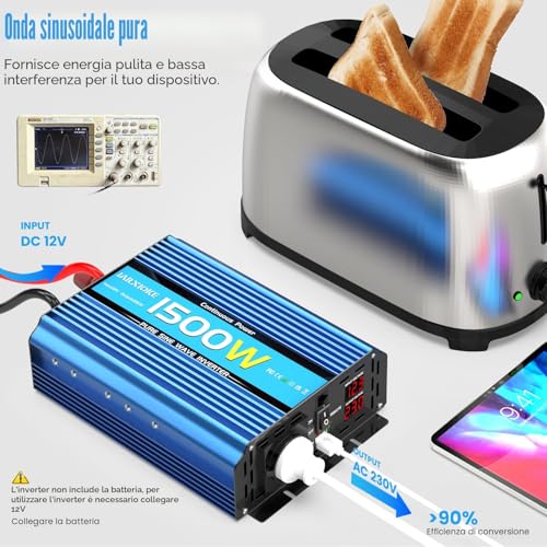 1500 W/3000 W Inverter 12 V 220 V Pure Wave Power Inverter 12 V 220 V/230 V Power Transformer – Remote Control & USB & EU Socket for Car Camper Boat