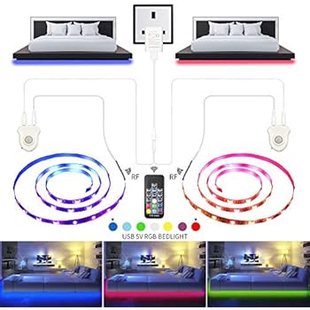 Under Bed Light, XBLED LED Strip Lights 6.56ft x 2 Motion Sensor RGB Color Changing LED Tape Lights with RF Remote Automatic Night Light for Home Kitchen Bathroom Wardrobe Indoor Decoration