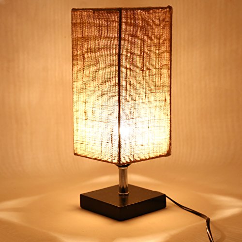 M&M Table Lamp Bedside Desk Lamp with Natural Jute Shade Solid Black Wooden Base, Minimalist Night Light for Bedroom, Living Room (Square)
