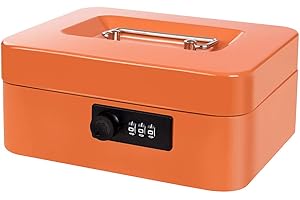 GOEHIAUL Cash Box with Money Tray and Combination Lock Metal Money Box Change Lock Box for Money 7.87" x 6.3" x 3.54" Orange