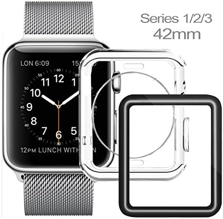 Apple Watch Screen Protector 42mm, Apple Watch Case, iWatch Case, Ultra Thin Clear TPU Cover + Full Coverage Scratch Proof Glass Screen Film for Apple iWatch 42mm Series 1/2/3
