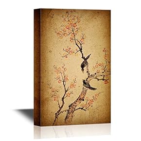 Canvas Wall Art - Traditional Chinese Painting of Flowers, Plum Blossom and Two Birds on Tree - Gallery Wrap Modern Home Art | Ready to Hang - 12x18 inches
