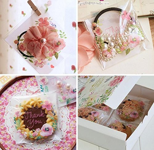 YunKo 300pcs Thank You Pink Flower Self Adhesive Cookie Bakery Candy Biscuit Roasting Treat Gift DIY Plastic Bag For Mother's Day