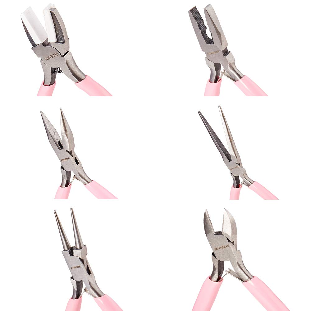 SUNNYCLUE 6pcs Mini DIY Jewelry Pliers Tool Set Round Needle Bend Long Nose Slide Cutting Linesman Nylon Jaw Pliers Professional Precision Pliers Beading Repair Supplies for jewelry making
