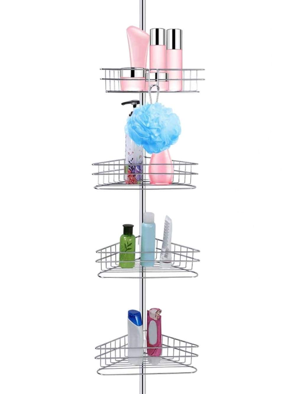 Bathroom Corner Shelf 4 Tier Storage Shower Rack Caddy Telescopic Organiser Shelves Non Rust, Adjustable Height 233-243 cm