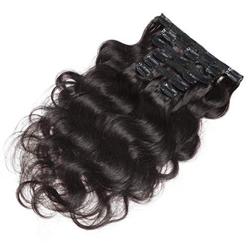 Urbeauty Wavy Clip in Extensions Human Hair 7Pcs/80g 14" Full Head Body Wave Triple Weft Remy Clip in Hair Extensions #1B Natural Black - Thumbnail 4