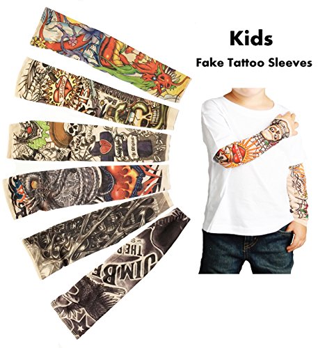 Temporary Tattoo Sleeves for Kids, Fake Slip On Arm Sunscreen Sleeves, 6pcs - Eagle,Skull,Dragon,Clown, Snake,etc
