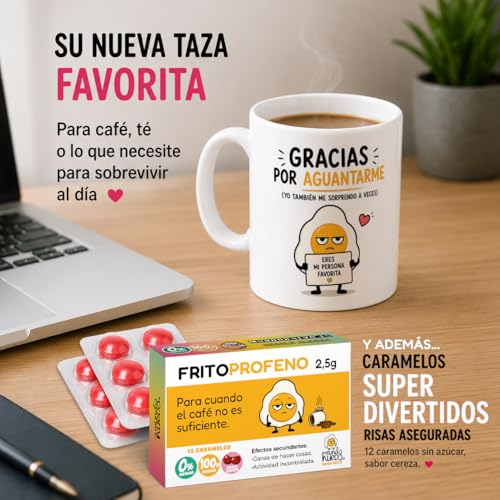 mundohuevo Original Gift Pack for Friends, Couple, Family and Office | Funny Mug "Gracias por Aguantarme" 350 ml + 12 Joke Candies in blister Sugar-Free with Cherry flavor.