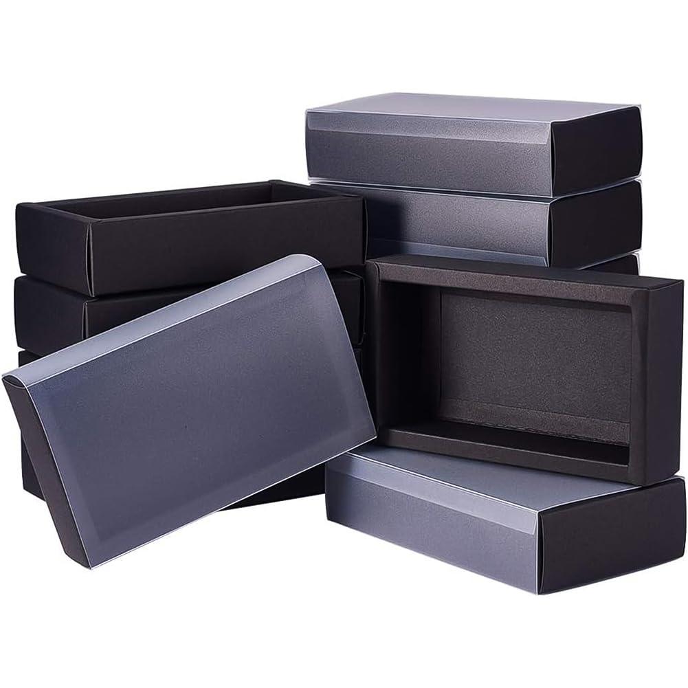 BENECREAT 12 Pack Kraft Paper Gift Boxes with Clear Lid 17x10x4cm PVC Frosted Cover Kraft Paper Drawer Box for Cake Cookie Candy Soap Jewelry Weeding Party Favors, Black