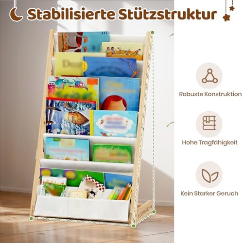Kinderbücherregal Montessori – Bücherregal Kinder mit 6 Stofffächern, frontal offenes Bücher-Display aus Kiefernholz, Kinderregal für Kinderzimmer & Leseecke, Naturholz, 42 x 30 x 76 cm